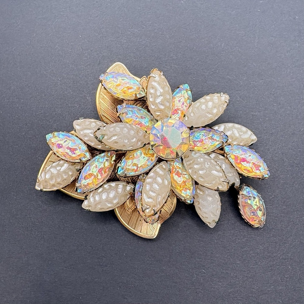 Vintage Molded Lava Glass Iridescent Aurora Borealis AB Floral Brooch Gold Tone